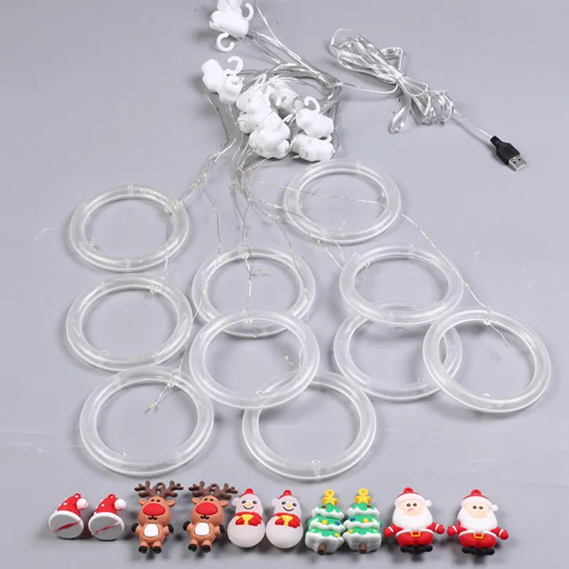 Cortina Navideña LED con Figuras 3D – Anillos y Esferas Decoradas + Control de Color Incluido.